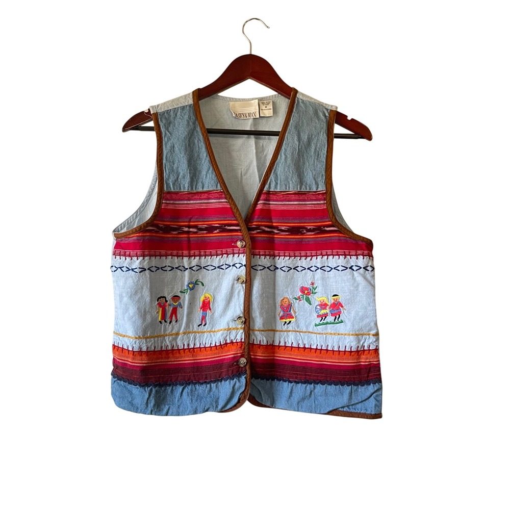 Vintage Embroidered Denim Vest Blue Red Striped Folk Boho Medium